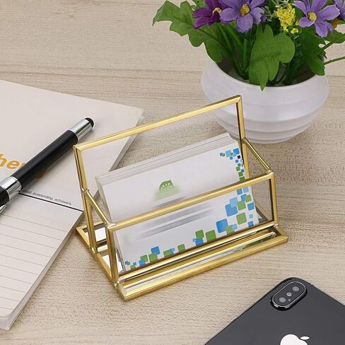 Hipiwe Glass Business Card Holder Stand - Vintage Gold Metal Name Card Display Stand Office Desktop Countertop Business Card Organizer in Kuwait