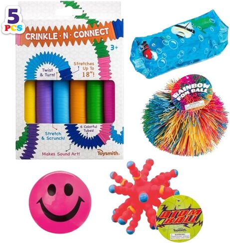 Toysmith Activity Pack Bundle – Light Up Happy Ball, Atom Ball, Crinkle N Connect, Rainbow Pom Ball, and Sealife Water Snake – Sensory and Interactive Play for Kids- Gift for Kids Ages 3+ in Kuwait