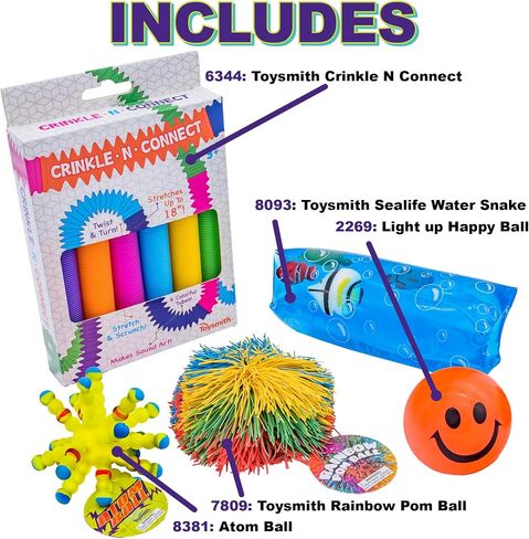Toysmith Activity Pack Bundle – Light Up Happy Ball, Atom Ball, Crinkle N Connect, Rainbow Pom Ball, and Sealife Water Snake – Sensory and Interactive Play for Kids- Gift for Kids Ages 3+ in Kuwait