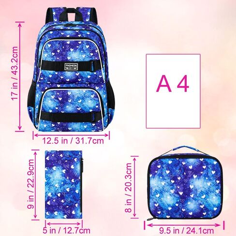 17 Inches Backpack for Girls Women, 3Pcs Rose Laptop Backpacks with Lunch Bag, Water Resistant College School Bookbag Set for Teens Students(Black) in Kuwait