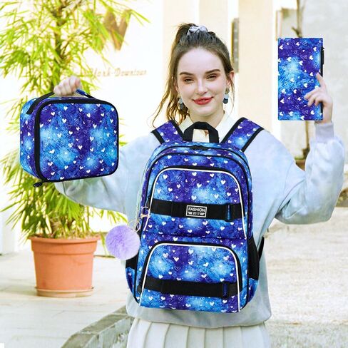 17 Inches Backpack for Girls Women, 3Pcs Rose Laptop Backpacks with Lunch Bag, Water Resistant College School Bookbag Set for Teens Students(Black) in Kuwait