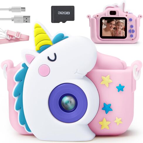 SYNCFUN Kids Camera, Christmas Birthday Gifts for Girls 3 4 5 6 7 8 Year Old, Unicorn Toys Selfie Toddler Camera, 1080P HD Selfie Digital Video Camera with 32GB SD Card (Unicorn) in Saudi Arabia