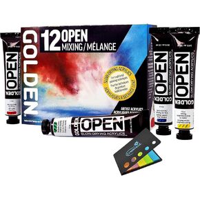 Golden OPEN Acrylic Paint Set, Mixing Painting Set, Slow Drying 12-Color Golden Acrylic Paint Sets Sticky Notes