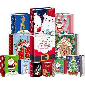 12Pack Christmas Gift Bags Assorted Sizes, 4 Large,4 Medium and 4 Small Recyclable Christmas Paper Bags, Holiday Xmas Gift Bags with Handle, Christmas Bags for Gifts Wrapping, Party Supplies, New Year