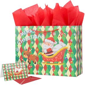 Ranfashiong 16" Extra Large Christmas Gift Bag with Tissue Paper Xmas Wrapping New Year's Holiday Presents（Red and Green）
