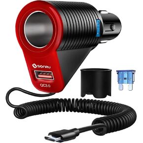 Cigarette Lighter Splitter, SONRU 120W Car Cigarette Lighter Adapter PD 30W & QC3.0 Fast Charge (6 FT Type-C Coiled Cable) 12V/24V Car Splitter Adapter for All Car Devices