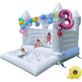 White Bounce House with Ball Pit Air Blower PVC Material for Kids Birthday Party Baby Shower Event Photography (10x8x8ft)
