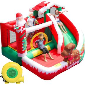 Christmas Bounce House with Slide,Inflatable Santa Bouncy House for Kids Ages 3-8, Inflatable Bouncer with Blower, Christmas Reindeer and Santa Claus Bouncy Castle