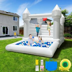White Bounce House with Ball Pit 120x96x96 inch ASTM Certified White Bouncy Castle for Memorable Birthday Parties & Event (Light White, 11x8x7.8FT)