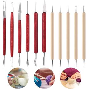 11PCS Clay Sculpting Tools, Double-Ended Stainless Steel Polymer Clay Tools, Wooden Handle Pottery Tools for Embossing, Carving Tools and Supplies