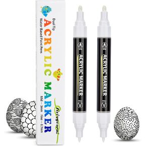 Dual-Tip White Paint Marker Pen Permanent, 2 Pack Water Based Acrylic Markers, Bold and Fine Dual-Tip Paint Pen, Quick Drying, Waterproof for Rock, Wood, Plastic, Metal, Canvas, Glass, Fabric, Mugs