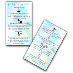 Press-On Nail Removal Instructions Cards | 50 Pack | 2x3.5" inch Business Card Size | DIY Press-On Nail Kit | Soap & Water Removal Non-Reflective Matte Rainbow Holographic Look Design