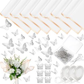 Qilery 243 Pcs Flower Bouquet Wrapping Paper Waterproof Floral Wrapping Paper Florist Supplies with Butterfly Decoration Crowns Ribbons Bouquet Pin Glue for DIY Craft (White, Silver)