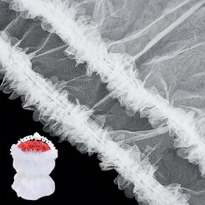 BENECREAT 29.5x19.7inch 2 Set White Organza Floral Wrapping Mesh Paper, Ruffle Lace Flower Bouquet Mesh Package Lace Trim, DIY Bouquet Gift Crafts Packing Materials for Birthday Wedding Decor