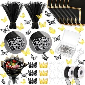 Qilery 243 Pcs Flower Bouquet Wrapping Paper Waterproof Floral Wrapping Paper Florist Supplies with Butterfly Decoration Crowns Ribbons Bouquet Pin Glue for DIY Craft (Black,Elegant Style)