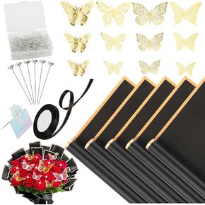 Behidiruch 20 Sheets Flower Wrapping Paper Bouquet, Floral Wrapping Paper, Korean Paper for Bouquets with 3D Butterfly Pearl Pins Satin Ribbon Congratulation Card