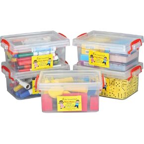 Really Good Stuff Small Clear Plastic Stackable Storage Tubs with Locking Lid – Red Handles Lock Lid in Place – Hold Supplies, Manipulatives and More in Classroom or Home, 8"x4"x5" (Set of 5)