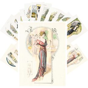 PIXILUV Vintage Postcards (24 pcs 4"x6" ea) Calming Beautiful Art Nouveau Portraits of Ladies with Blue and Green Flowers Vintage Postcards Retro Greeting Card Book Illustration Reprint