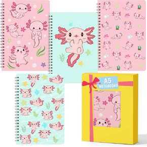 L1rabe Axolotl Spiral Notebooks Gifts - Christmas Back to School 4 A5 Animal Mexican Walking Fish College Ruled Notebooks Cute Notepad Diary for Students Teachers, Travel Journal for Kids Girls
