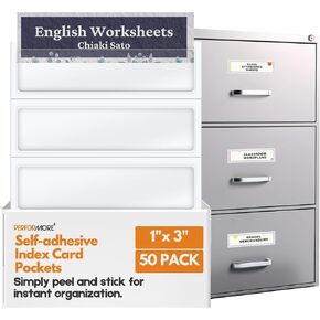 Performore 50 Pack Self-Adhesive Index Card Pockets, 1.2"x3.53" Top Loading Plastic Protector, Clear Plastic Label Holder for Storage, Organization, Labeling Bins, Folders, and Files.