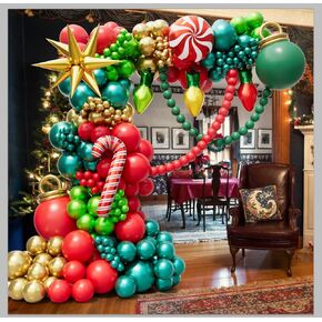 Christmas Balloon Arch Kit, Red Gold Green Balloons, Garland Arch with Bulb Balloon, Candy Cane Foil Balloon, Xmas Red Gold Green Balloons Christmas Balloon Garland Arch Kit