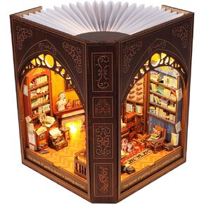 مجموعة زوايا الكتب للبالغين والمراهقين - لغز بيت الدمية الخشبي ثلاثي الأبعاد مع ضوء LED، ديكور رف الكتب المصغر لمكتبة مارك توين