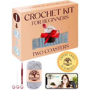 Level 1 Absolute Beginner Crochet Kit for Adults - Learn to Crochet with Expert Video Tutorials - Includes All Essentials for Two Coasters - Perfect DIY Gift