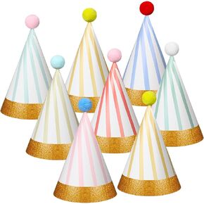 40 Pcs Birthday Party Hats with Pom Pom Colorful Stripe Cone Hat with Elastic String Assorted Lovely Birthday Hat Paper Celebration Headwear for Birthday Baby Shower Jamboree Photo Props