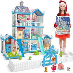 Blue Dolls Houses for Girls with Light, 1 Dolls, 2 Pets, 2 Floors - 8 Rooms, 215 PCS Ice Dream Girls House Pretend Play Toy Set of Furniture & Accessories, Birthday for 3+ Year Old Girls