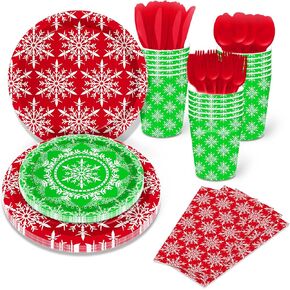 116 Pcs Christmas Party Supplies 16 Guests Red Green Snowflake Party Decorations Set Including Christmas Party Paper Plates Dinner Plates Napkins Cups Set for Christmas Snowflake Party Decoration