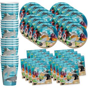 Shark Birthday Party Supplies - Ocean Animal Theme Party Supplies - Coral Reef Party Supplies | Tableware Set Includes Plates, Napkins and Cups | Kit for 16