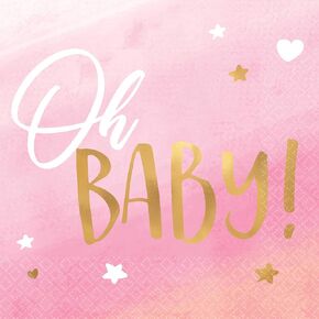 Ombre Pink "Oh Baby" Hot Stamped Beverage Napkins, 5" x 5" (Pack Of 16), Soft & Absorbent Paper Napkins - Adorable Design For Baby Girl Showers & Reveal Celebrations