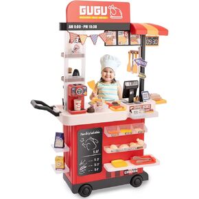 Kids Kitchen Play Set，Interactive Kids Kitchen Play Set with 82Pcs of Kitchen Toys，Realistic Sound Effects，and Simulated Functionality - Suitable for Toddlers (Red Kitchen Play Set)