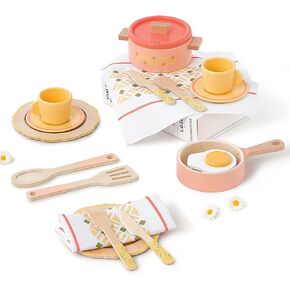 Giant bean Play Dishes for Kids Kitchen, Wooden Kitchen Toys Set Including Play Dishes, Pot and Pan, Utensils, Montessori Play Kitchen Accessories for 3 4 5 Years Old Girls and Boys Gifts