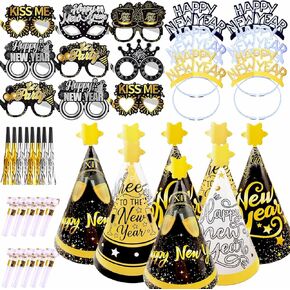 New Years Eve Party Supplies 2025, 38pcs Happy New Year Party Favors Set- New Year Paper Hats, 2025 New Year Headband, New Year Eyeglasses, New Year Blowouts for New Year's Eve Party