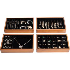 ProCase 4-Set Bamboo Stackable Jewelry Organizer Tray, Jewelry Drawer Inserts Container Display Case Storage for Earring Necklace Rings Bracelet with Removable Dividers -Grey