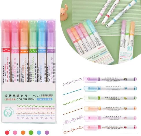 مجموعة أقلام تمييز منحنية، 6 ألوان أقلام منحنية متدفقة وعلامات تمييز، قلم تمييز منحنى للأطفال المراهقين البالغين، رائع لتزيين كتب التلوين وكتابة سجل القصاصات in Kuwait