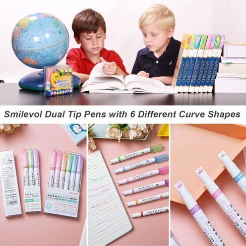 مجموعة أقلام تمييز منحنية، 6 ألوان أقلام منحنية متدفقة وعلامات تمييز، قلم تمييز منحنى للأطفال المراهقين البالغين، رائع لتزيين كتب التلوين وكتابة سجل القصاصات in Kuwait