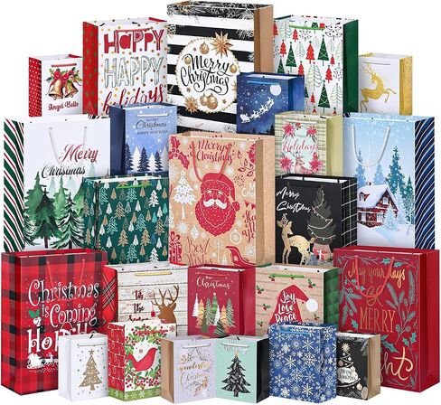 24Pack Christmas Gift Bags Assorted Sizes, Christmas Bags for Gifts Bulk, Christmas Paper Bags with Handle, Holiday Gift Bags for Christmas Presents Xmas Party（6 Jumbo,6 Large,6 Medium,6 Small） in Saudi Arabia