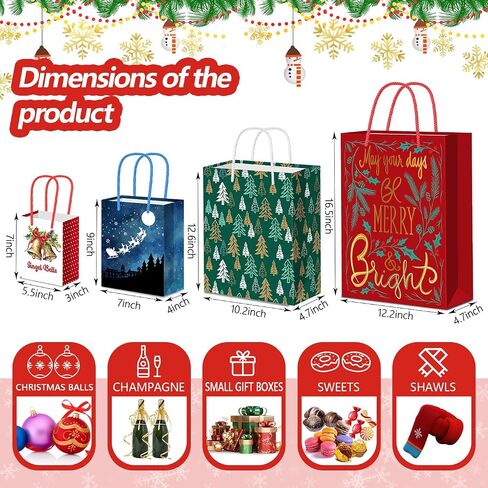 24Pack Christmas Gift Bags Assorted Sizes, Christmas Bags for Gifts Bulk, Christmas Paper Bags with Handle, Holiday Gift Bags for Christmas Presents Xmas Party（6 Jumbo,6 Large,6 Medium,6 Small） in Saudi Arabia