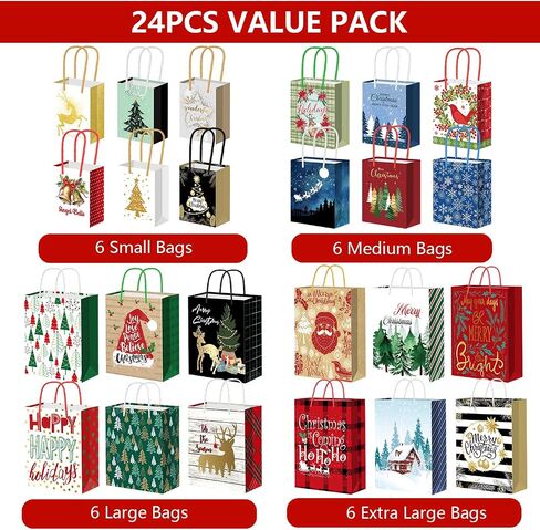 24Pack Christmas Gift Bags Assorted Sizes, Christmas Bags for Gifts Bulk, Christmas Paper Bags with Handle, Holiday Gift Bags for Christmas Presents Xmas Party（6 Jumbo,6 Large,6 Medium,6 Small） in Saudi Arabia