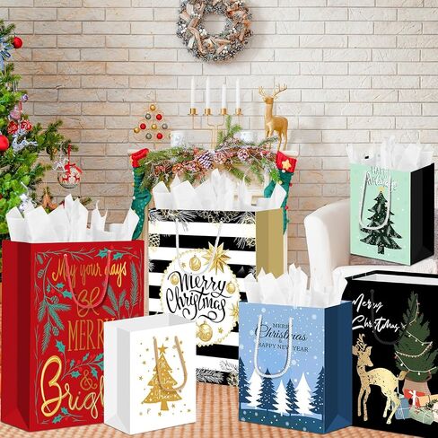 24Pack Christmas Gift Bags Assorted Sizes, Christmas Bags for Gifts Bulk, Christmas Paper Bags with Handle, Holiday Gift Bags for Christmas Presents Xmas Party（6 Jumbo,6 Large,6 Medium,6 Small） in Saudi Arabia