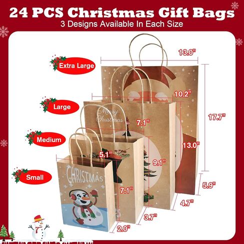 Beliiant 24 Pack Christmas Gift Bags With Handles,24 Tissue Papers And 24 Christmas Gift Tags,Assorted Sizes Gift Bag Bulk Set For Xmas Holiday Party Favor Presents (6 Jumbo,6 Large,6 Medium,6 Small) in Saudi Arabia