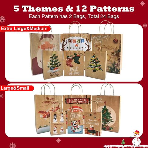 Beliiant 24 Pack Christmas Gift Bags With Handles,24 Tissue Papers And 24 Christmas Gift Tags,Assorted Sizes Gift Bag Bulk Set For Xmas Holiday Party Favor Presents (6 Jumbo,6 Large,6 Medium,6 Small) in Saudi Arabia