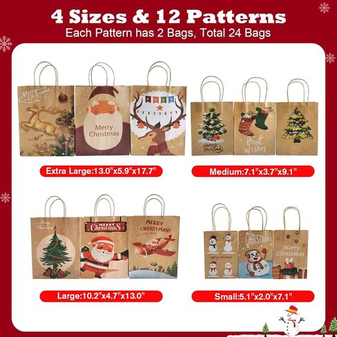 Beliiant 24 Pack Christmas Gift Bags With Handles,24 Tissue Papers And 24 Christmas Gift Tags,Assorted Sizes Gift Bag Bulk Set For Xmas Holiday Party Favor Presents (6 Jumbo,6 Large,6 Medium,6 Small) in Saudi Arabia
