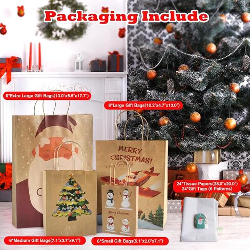 Beliiant 24 Pack Christmas Gift Bags With Handles,24 Tissue Papers And 24 Christmas Gift Tags,Assorted Sizes Gift Bag Bulk Set For Xmas Holiday Party Favor Presents (6 Jumbo,6 Large,6 Medium,6 Small) in Saudi Arabia