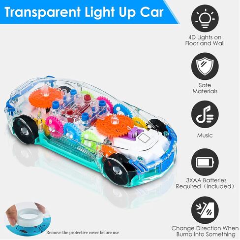 ZHFUYS Light Up Transparent Car Toy for Kids, Sensory Toys for Kid, Toy Car with Colorful Moving Gears, Fun Educational Toy for Toddlers, Birthday Gifts Idea for Kids in Saudi Arabia