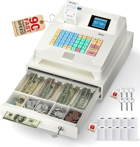 ماكينة تسجيل النقود PYY للشركات الصغيرة - Caja Registradora para Negocio التجارية الإلكترونية مع صندوق درج للنقود بقفل، 48 مفتاحًا، 8 شاشات عرض رقمية مزدوجة، نظام POS لسوبر ماركت المطاعم بالتجزئة in Kuwait