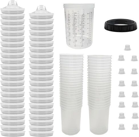 Disposable Paint Gun Cup, HVLP Paint Sprayer Gun Mixing Cups 20 Ounce(600ML) Kit with 50 Cups and Lids System, 10 Plugs and 1 Hard Cup with Retainer Ring, 1 Cup Adapter in Saudi Arabia