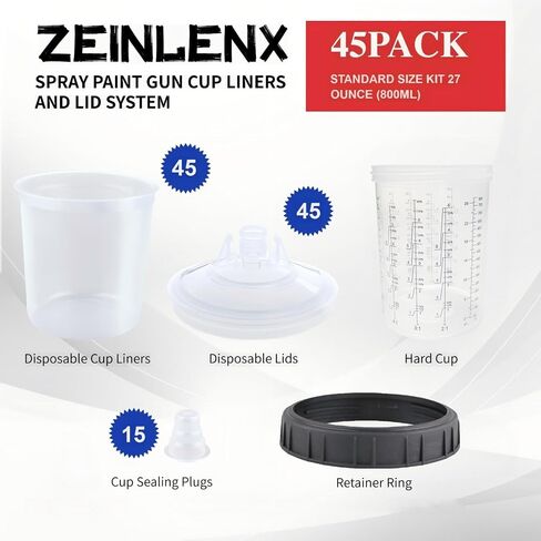 Disposable Paint Gun Cup, HVLP Paint Sprayer Gun Mixing Cups 20 Ounce(600ML) Kit with 50 Cups and Lids System, 10 Plugs and 1 Hard Cup with Retainer Ring, 1 Cup Adapter in Saudi Arabia